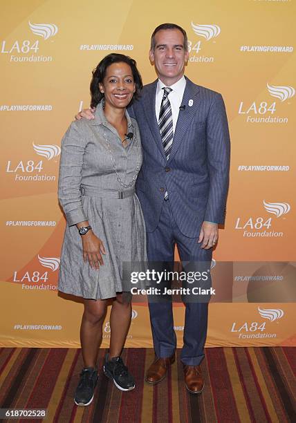 Renata Simril, President & CEO of LA84 Foundation, and LA Mayor Eric Garcetti pose during the 5th Annual LA84 Foundation Summit on October 27, 2016...