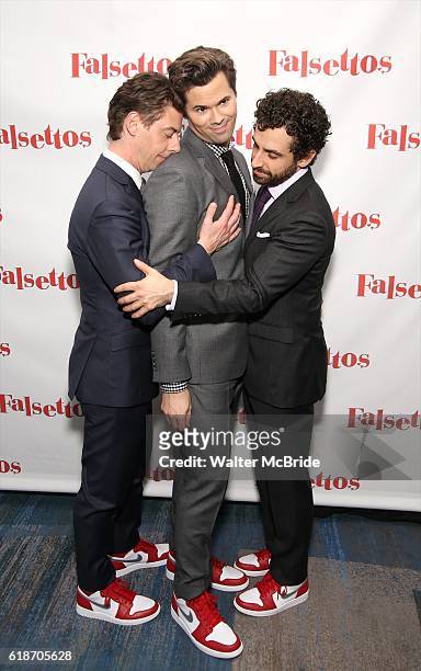 Christian Borle, Andrews Rannells and Brandon Uranowitz attend the Opening Night After Party for 'Falsettos' at the New York Hilton Hotel on October...