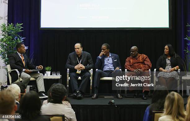 Mark Hyman, Luc Robitaille, Nicjol Whiteman, Rafael Acosta and Jim Thompson speak during the 5th Annual LA84 Foundation Summit on October 27, 2016 in...