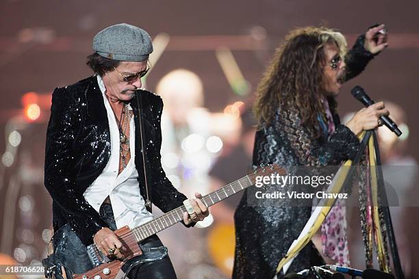 Singer Steven Tyler and Joe Perry of Aerosmith perform onstage at Arena Ciudad de Mexico on October 27, 2016 in Mexico City, Mexico.