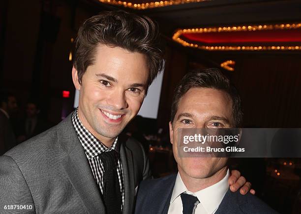 Andrew Rannells and partner Mike Doyle pose at The Opening Night After Party for "Falsettos" on Broadway at The New York Hilton Midtown on October...