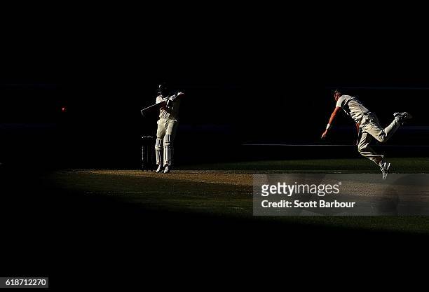 James Faulkner of Tasmania plays a shot of the bowling of Daniel Christian of Victoria during day four of the Sheffield Shield match between Victoria...