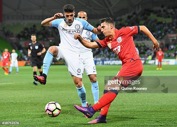 Sergio Guardiola of United passes the ball during the round four A-League match between Melbourne City and Adelaide United at AAMI Park on October...