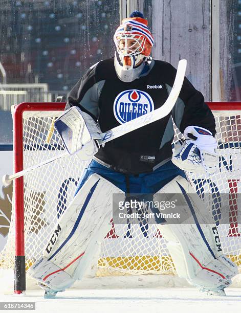 Goaltender Cam Talbot of the Edmonton Oilers attends practice for the 2016 Tim Hortons NHL Heritage Classic to be played against the Winnipeg Jets at...