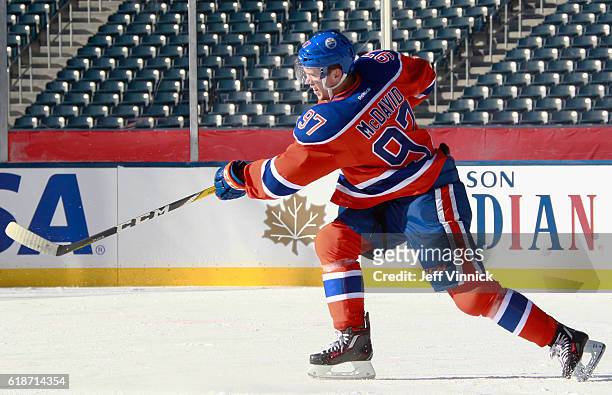 Connor McDavid of the Edmonton Oilers attends practice for the 2016 Tim Hortons NHL Heritage Classic to be played against the Winnipeg Jets at...