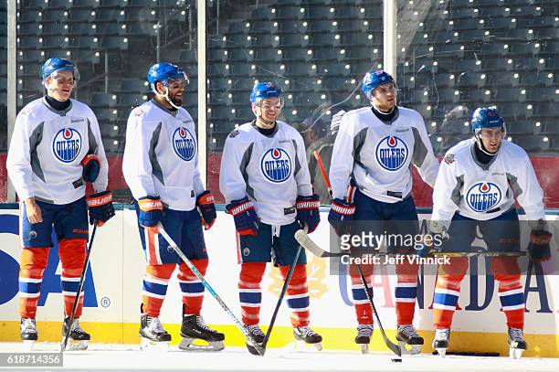 The Edmonton Oilers attend practice for the 2016 Tim Hortons NHL Heritage Classic to be played against the Winnipeg Jets at Investors Group Field on...