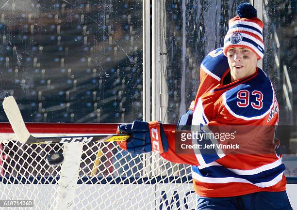 Ryan Nugent-Hopkins of the Edmonton Oilers attends practice for the 2016 Tim Hortons NHL Heritage Classic to be played against the Winnipeg Jets at...