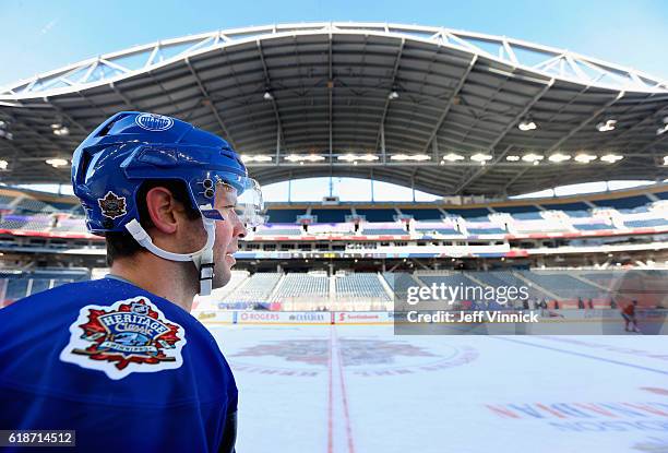 Benoit Pouliot of the Edmonton Oilers attends practice for the 2016 Tim Hortons NHL Heritage Classic to be played against the Winnipeg Jets at...