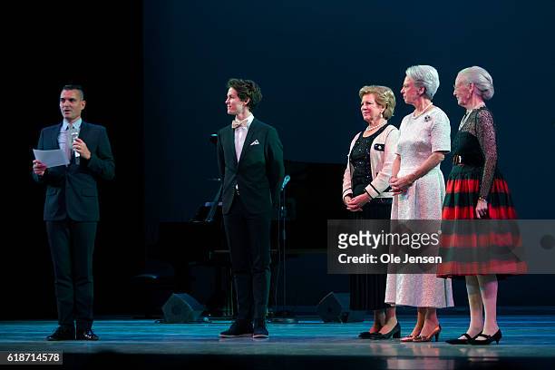 Danish Queen Margrethe and her sisters, Princess Bennedikte and Queen Anne-Marie of Greece is on the stage to present late Queen Ingrid's grant to...