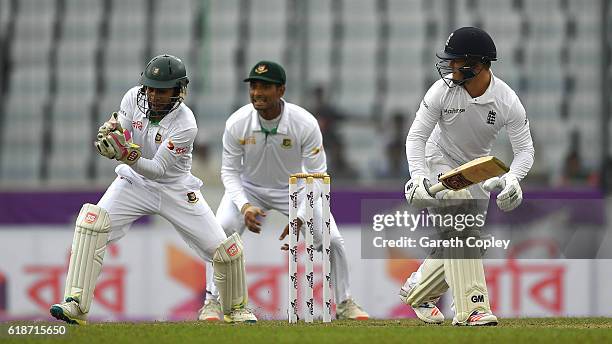 Ben Duckett of England is caught behind by Mushfiqur Rahim of Bangladesh during the first day of the 2nd Test match between Bangladesh and England at...
