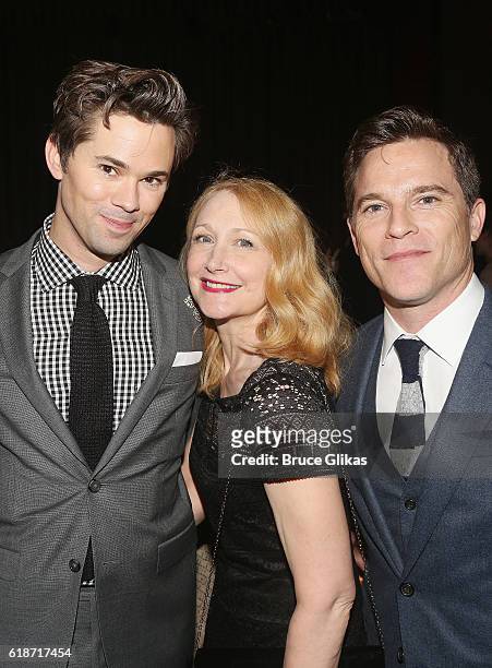 Andrew Rannells, Patricia Clarkson and Mike Doyle pose at The Opening Night After Party for "Falsettos" on Broadway at The New York Hilton Midtown on...