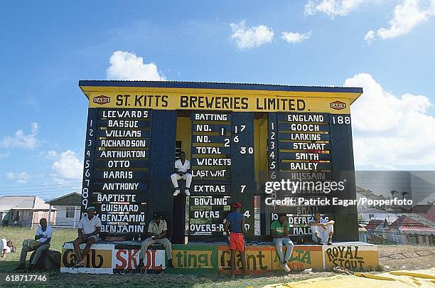 View of the scoreboard during the tour match against Leeward Islands at Warner Park, Basseterre, St Kitts, 2nd February 1990.