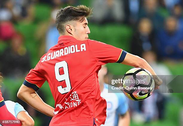 Sergio Guardiola of United arm touches the ball resulting in a goal to Bruno Fornaroli of the City during the round four A-League match between...