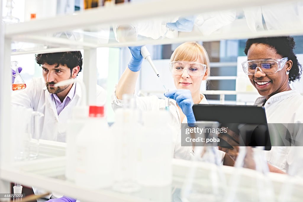 Scientists working together in lab