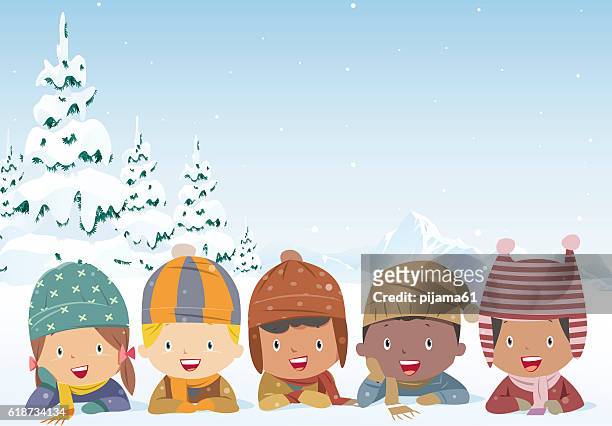bildbanksillustrationer, clip art samt tecknat material och ikoner med cheerful kids lying on the snow - tree log