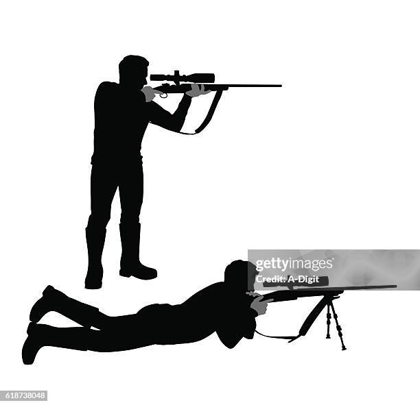 aiming hunter silhouette - target shooting stock illustrations