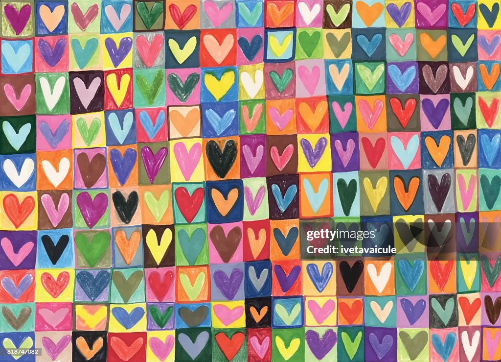 Mixed media hand drawn love hearts pattern