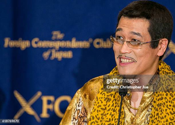 Speaks to the press on October 28, 2016 in Tokyo, Japan. PIKOTARO spoke to the foreign press in Japan on his song Pen Pineapple Apple Pen, or PPAP.