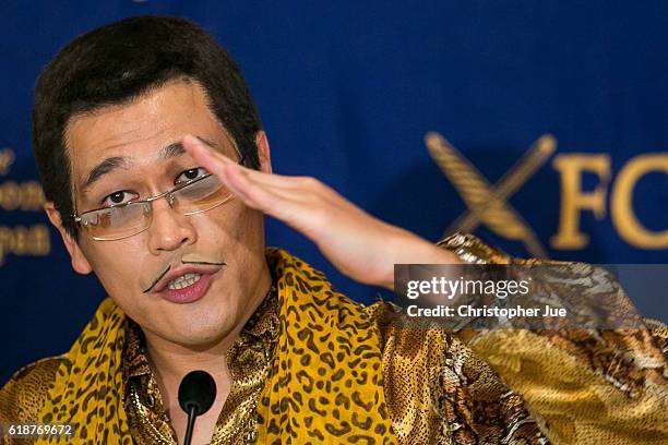 Speaks to the press on October 28, 2016 in Tokyo, Japan. PIKOTARO spoke to the foreign press in Japan on his song Pen Pineapple Apple Pen, or PPAP.