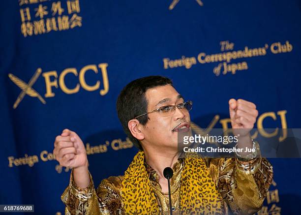 Speaks to the press on October 28, 2016 in Tokyo, Japan. PIKOTARO spoke to the foreign press in Japan on his song Pen Pineapple Apple Pen, or PPAP.