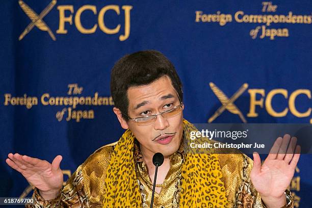 Speaks to the press on October 28, 2016 in Tokyo, Japan. PIKOTARO spoke to the foreign press in Japan on his song Pen Pineapple Apple Pen, or PPAP.