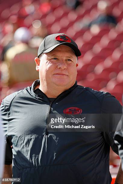 Head Coach Chip Kelly of the San Francisco 49ers stands on the sideline prior to the game against the Tampa Bay Buccaneers at Levi Stadium on October...
