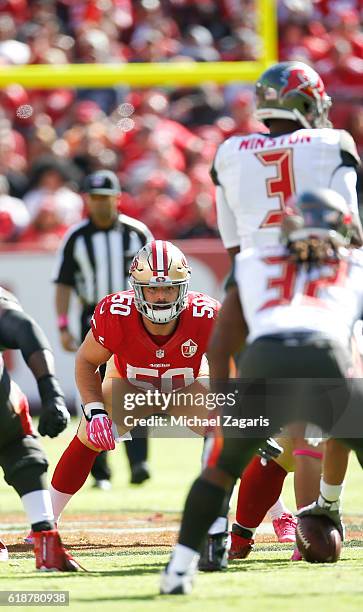 Nick Bellore of the San Francisco 49ers eyes the quarterback during the game against the Tampa Bay Buccaneers at Levi Stadium on October 23, 2016 in...