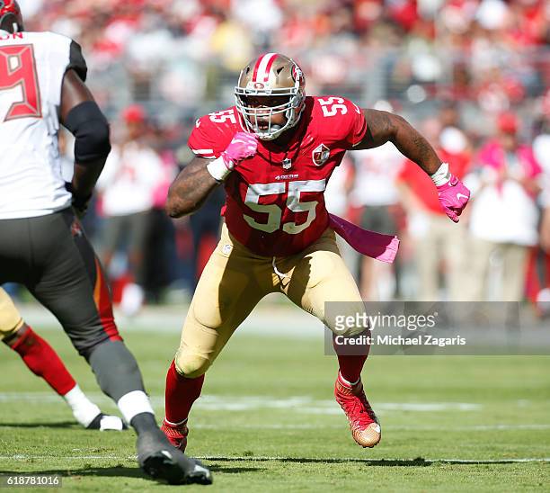 Ahmad Brooks of the San Francisco 49ers rushes the quarterback during the game against the Tampa Bay Buccaneers at Levi Stadium on October 23, 2016...