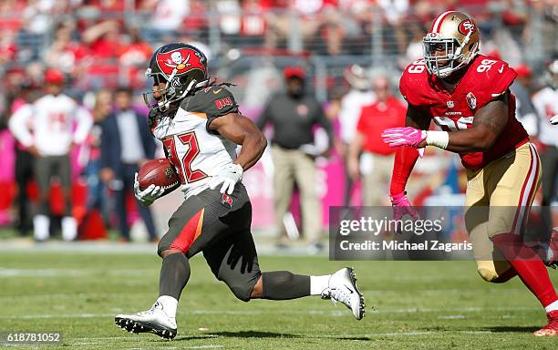 Jacquizz Rodgers of the Tampa Bay Buccaneers rushes during the game against the San Francisco 49ers at Levi Stadium on October 23, 2016 in Santa...