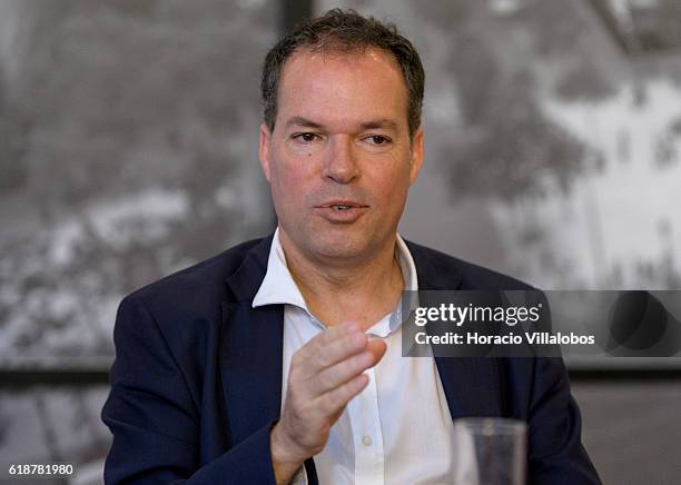 Managing Director of Nestle Portugal Jordi Llach talks to journalists during breakfast on October 28, 2016 in Lisbon, Portugal. Nestle has operated...