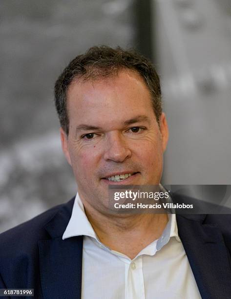 Managing Director of Nestle Portugal Jordi Llach talks to journalists during breakfast on October 28, 2016 in Lisbon, Portugal. Nestle has operated...