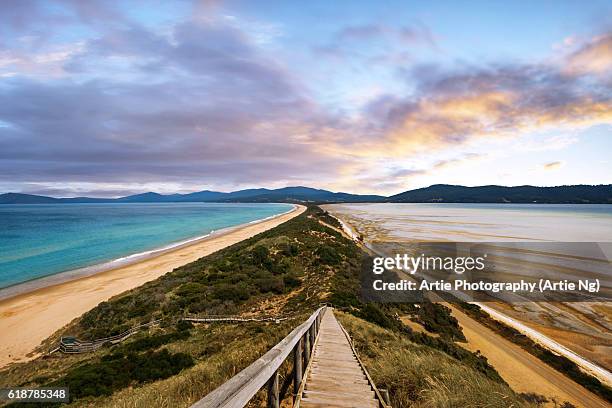 the neck of bruny island, south eastern coast of tasmania, australia - île de bruny photos et images de collection