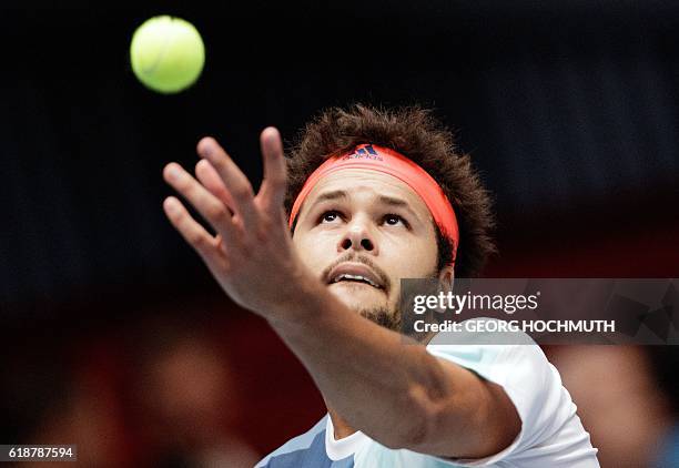 France's Jo-Wilfried Tsonga serves to Spain's Albert Ramos-VÌnolas during their quarter final match of the Erste Bank Open ATP tennis tournament in...