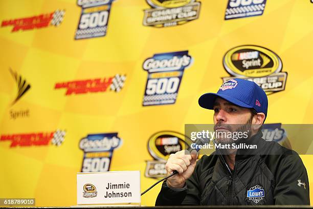 Jimmie Johnson, driver of the Lowe's Chevrolet, speaks to the media at Martinsville Speedway on October 28, 2016 in Martinsville, Virginia.