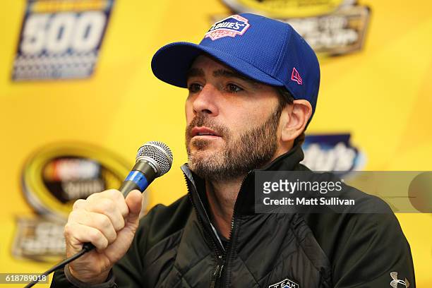 Jimmie Johnson, driver of the Lowe's Chevrolet, speaks to the media at Martinsville Speedway on October 28, 2016 in Martinsville, Virginia.