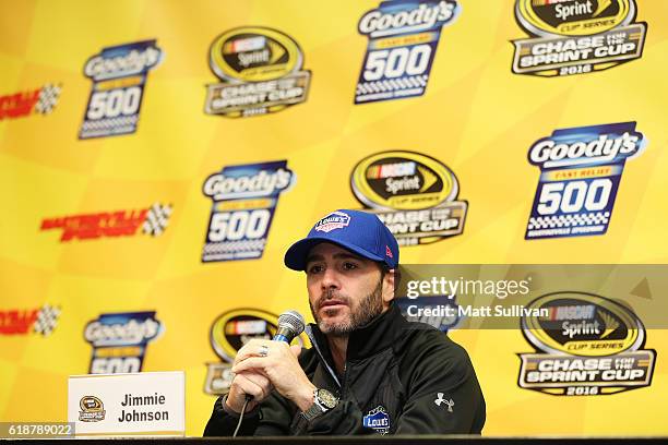 Jimmie Johnson, driver of the Lowe's Chevrolet, speaks to the media at Martinsville Speedway on October 28, 2016 in Martinsville, Virginia.