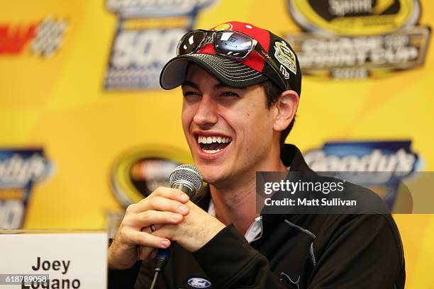 Joey Logano, driver of the Shell Pennzoil Ford, speaks to the media at Martinsville Speedway on October 28, 2016 in Martinsville, Virginia.