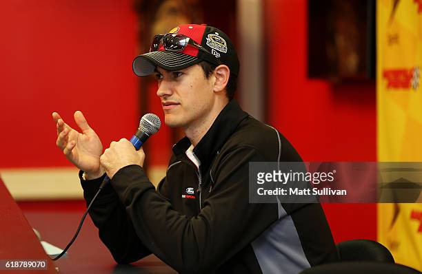 Joey Logano, driver of the Shell Pennzoil Ford, speaks to the media at Martinsville Speedway on October 28, 2016 in Martinsville, Virginia.