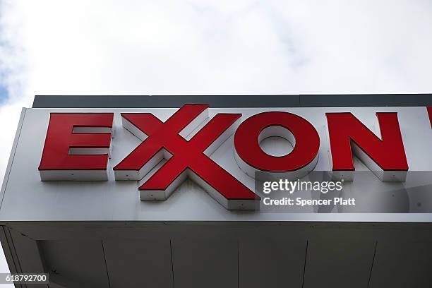 Sign for an Exxon gas station stands in a Brooklyn neighborhood on October 28, 2016 in New York City. As lower gas prices continue to do damage to...