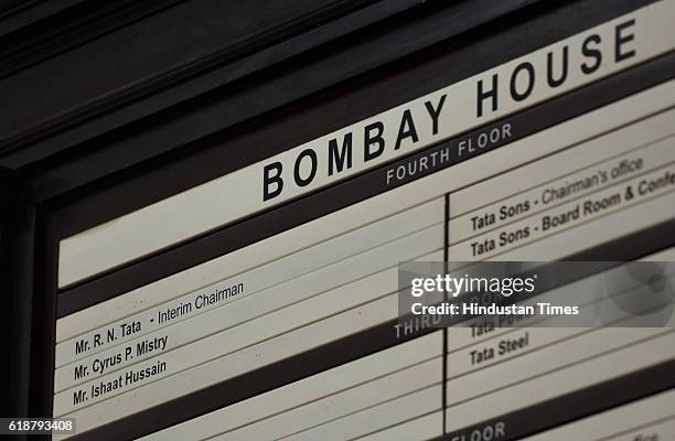 The new name plate of Tata Sons at Bombay House shows Ratan Tata as Interim Chairman on October 27, 2016 in Mumbai, India. Diwali is one of the major...