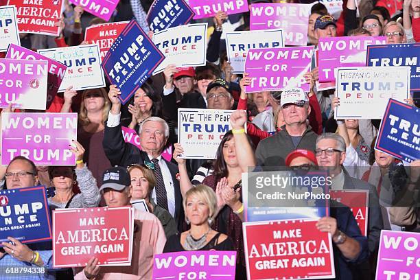 Supporters cheer and hold signs during a campaign rally at SeaGate Center in Toledo, Ohio, United States on October 27, 2016.