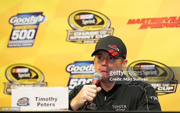 Timothy Peters, driver of the Red Horse Racing Toyota, speaks to the media at Martinsville Speedway on October 28, 2016 in Martinsville, Virginia.