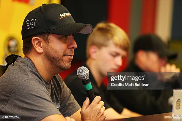 Matt Crafton, driver of the Ideal Door/Menards Toyota, speaks to the media at Martinsville Speedway on October 28, 2016 in Martinsville, Virginia.