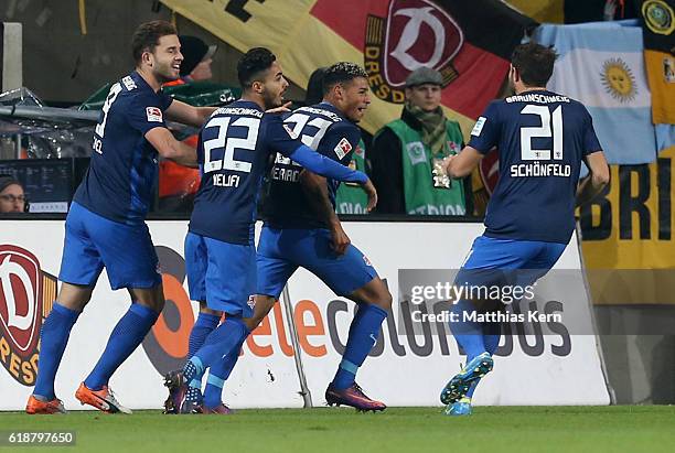 Onel Hernandez of Braunschweig jubilates with team mates after scoring the first goal during the Second Bundesliga match between SG Dynamo Dresden...