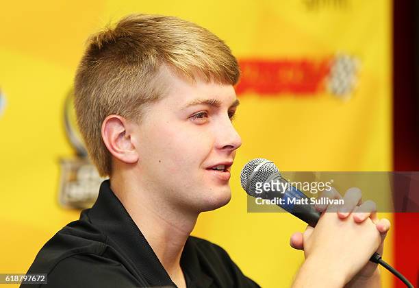 William Byron, driver of the Liberty University Toyota, speaks to the media at Martinsville Speedway on October 28, 2016 in Martinsville, Virginia.