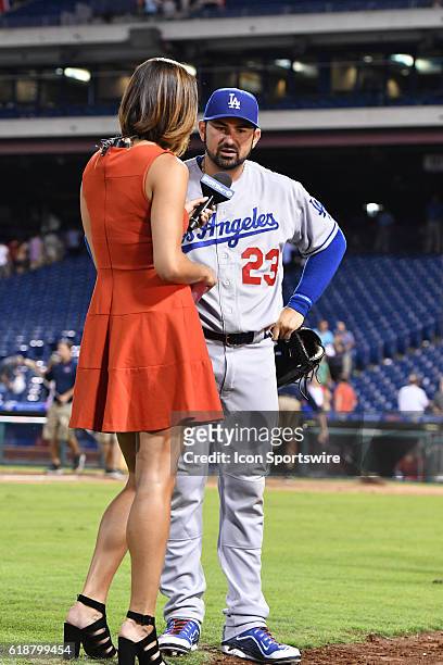 SportsnetLA reporter Kelli Tennant interviews Los Angeles Dodgers First base Adrian Gonzalez [3208] during a Major League Baseball game between the...