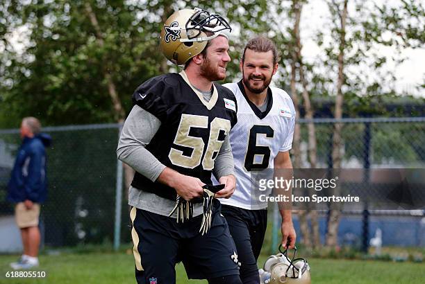 New Orleans Saints outside linebacker Michael Mauti and New Orleans Saints punter Thomas Morstead during a joint New England Patriots - New Orleans...