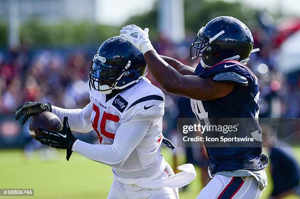 Houston Texans safety Eddie Pleasant makes a catch in front of Houston Texans running back Tyler Ervin during the Texans Training Camp at Houston...