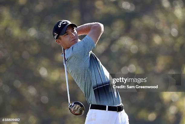 Aaron Wise plays his shot from the fifth tee during the Second Round of the Sanderson Farms Championship at the Country Club of Jackson on October...