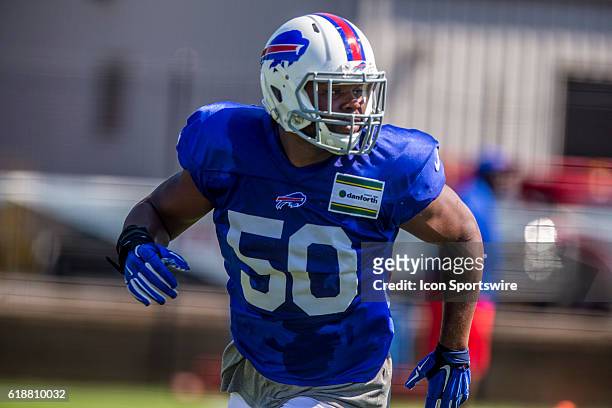Buffalo Bills linebacker Eric Striker in action during the Buffalo Bills Training Camp practice at St. John Fisher College in Pittsford, New York.